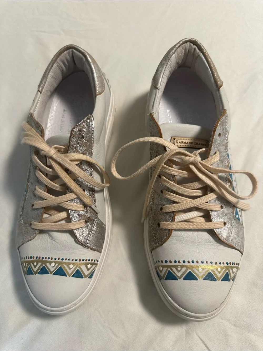 Karma of Charme Italian Leather Sneakers White Silver Blue Geometric Shoes EU 38